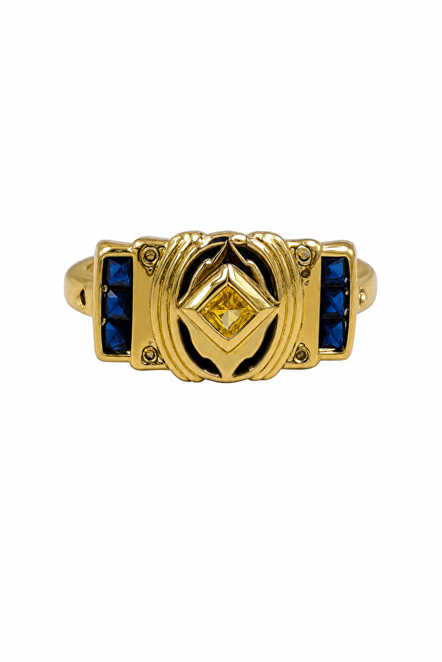Yellow Tone Steel Ring with Blue and Yellow Stone Detail Modern Design