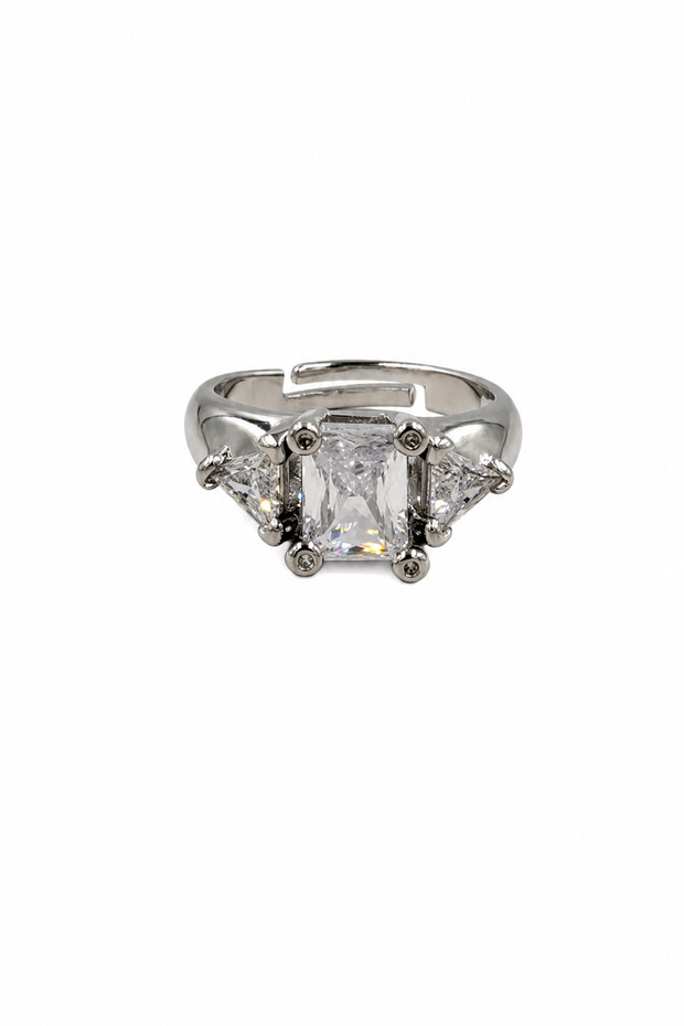 Adjustable Three-Stone Rectangular and Triangular Cut Zircon Stone Grey Steel Ring