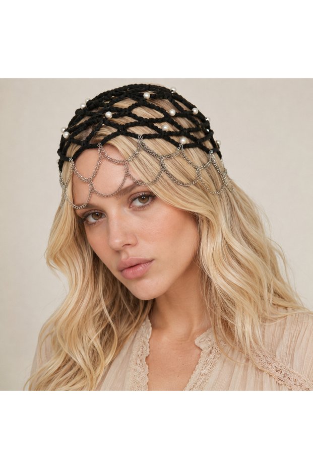 Chain Hair Accessory Chain Beanie Black Knitted Hair Crown Pearl and Chain Detailed Festival Accessory