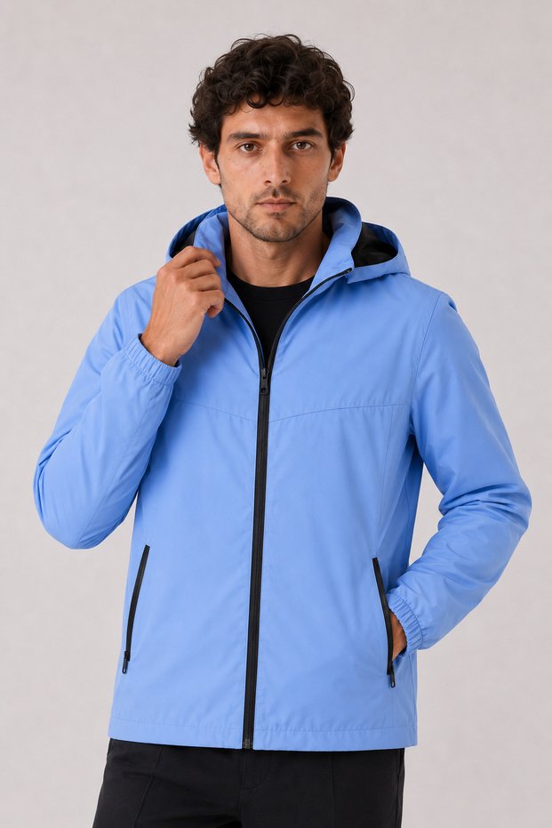 Men's Blue, Removable Hood, Water and Wind Resistant, Zippered, Raincoat Jacket