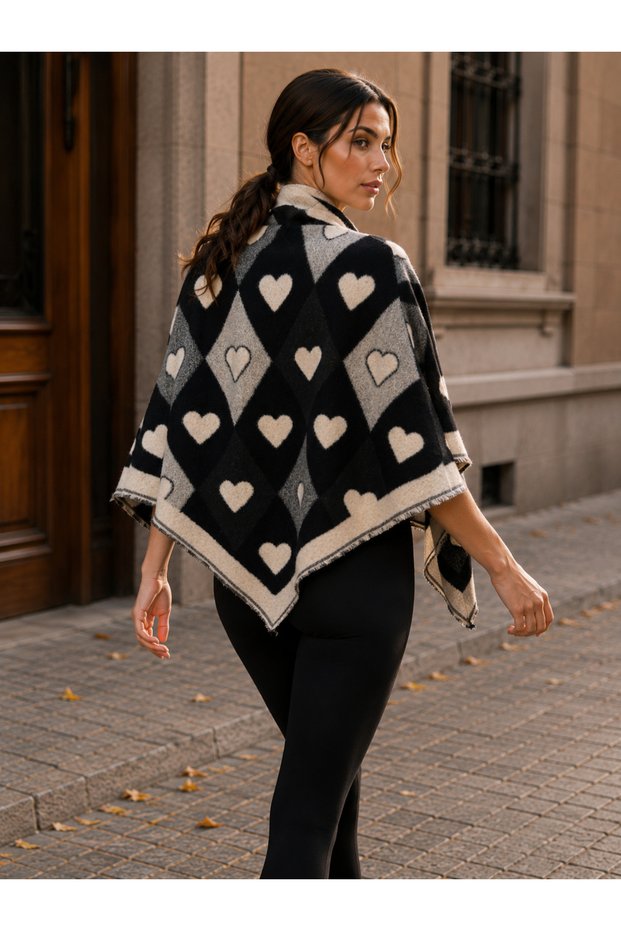 Women's Black Heart Patterned Diamond Triangle Shawl Sal1320