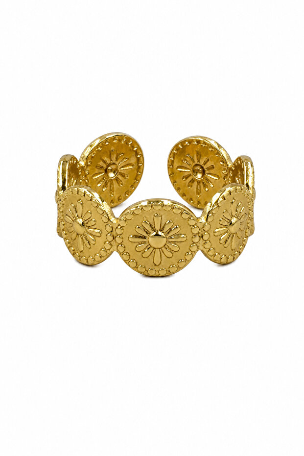 Steel Adjustable Sun Patterned Yellow Tone Ring