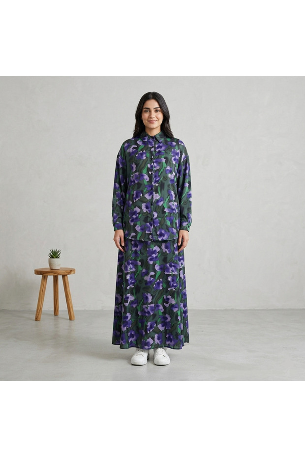 Women's Dark Blue Floral Shirt & Skirt Set