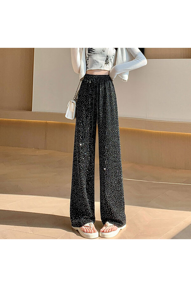 Women's Black Shimmer Wide-Leg Trousers