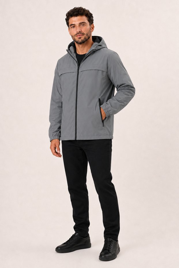 Men's Gray, Nova Fabric, Hooded, Water and Wind Resistant, Seasonal Lightweight Raincoat