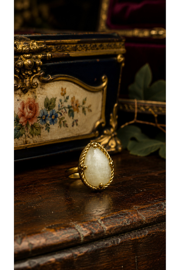 Natural Stone Women's Vintage Copper Ring Moonstone Adjustable Women's Ring