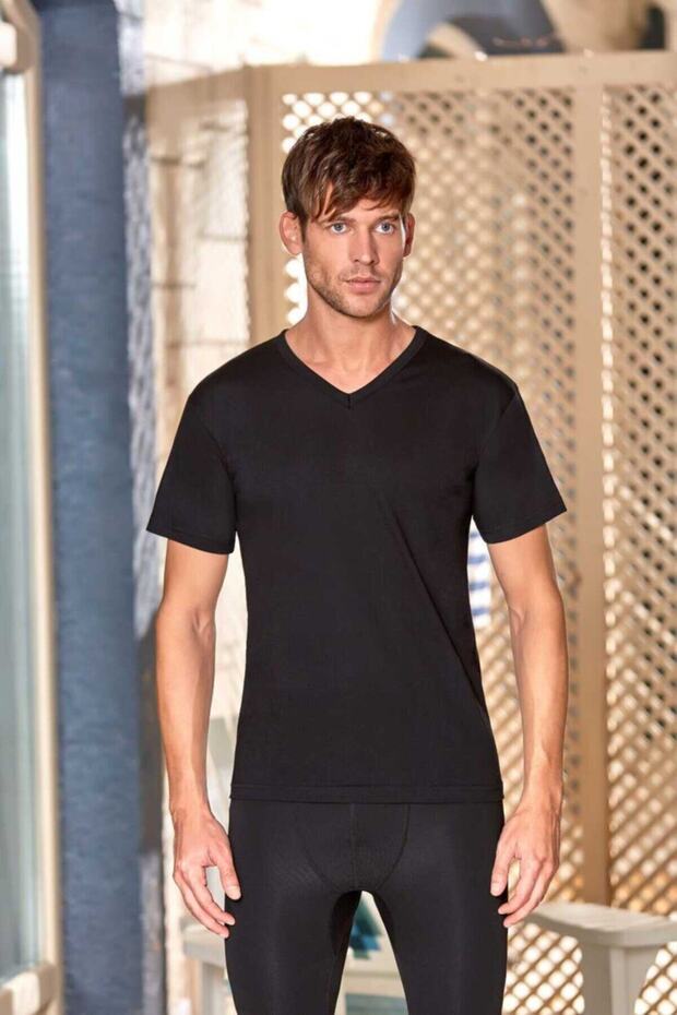 Tutku-Men's Black V-Neck Half Sleeve Undershirt