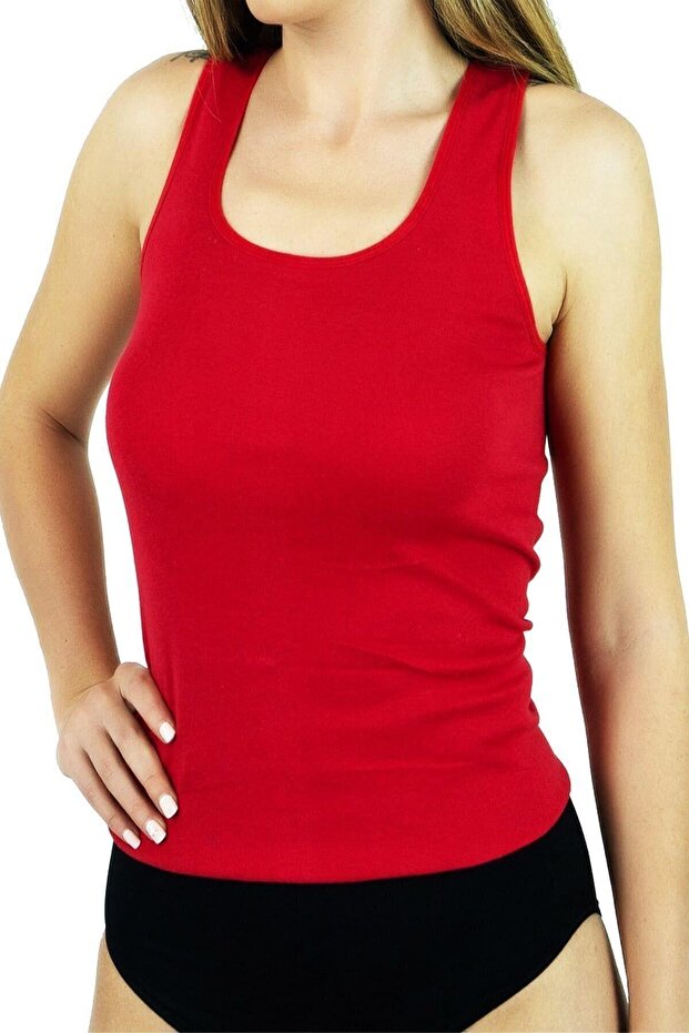 Tutku-Women's Red Cotton Ribbed Wide Strap Undershirt 3-Piece