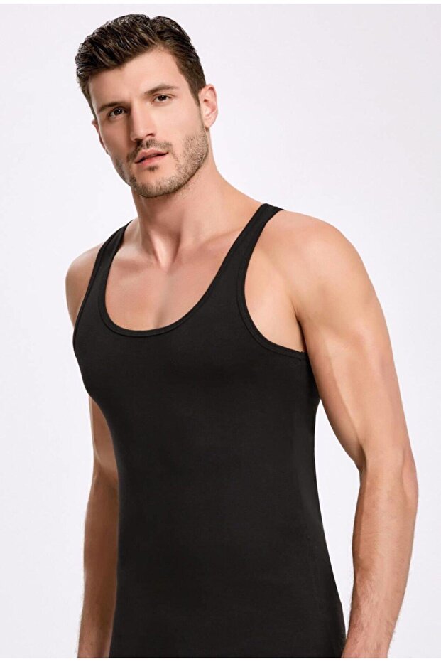 Tutku-Men's Black Strappy Ribbed Sports Undershirt