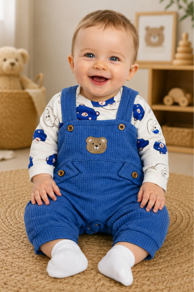 Baby Boy 3-Piece Romper Set With Overalls and Socks, Teddy Bear Patterned Bodysuit, Bear Embroidered, Cotton, Unisex