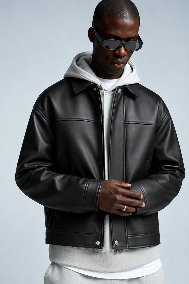 Men's Black Boxy Fit Leather Jacket