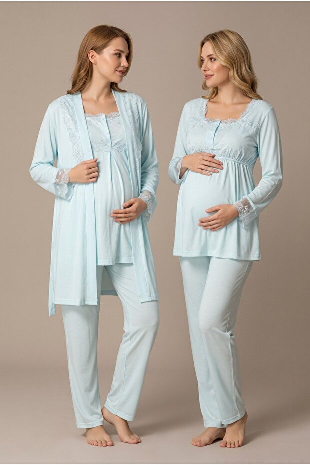 Women's Turquoise Lace Long Sleeve Maternity Pajama Set with Easy Nursing Dressing Gown