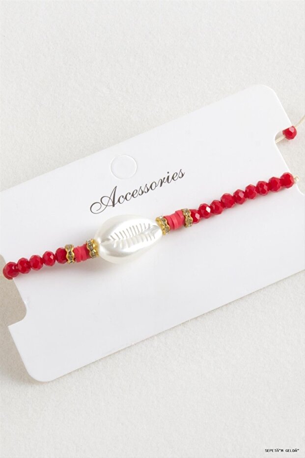 Spt-Gld Pearl Fimo Beads Crystal Macrame Cord (234417) Bracelet Red