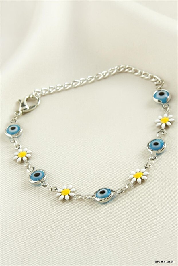 Spt-Gld Daisy Evil Eye Bead Enamel Bracelet (231404) Blue