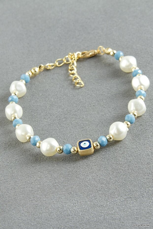Spt-Gld Nazar Rectangular Crystal Pearl Bracelet (234119) Blue