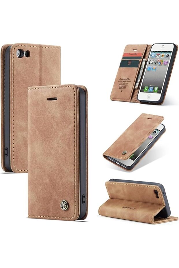 حافظة محفظة CaseMe لهاتف Apple iPhone 5s / iPhone SE/iPhone 5، غطاء قلاب من الجلد الصناعي الفاخر بتصميم ريترو