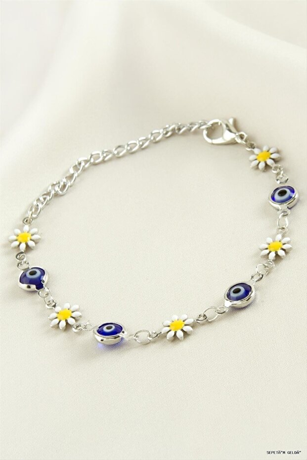 Spt-Gld Daisy Evil Eye Bead Enamel (231407) Bracelet Blue