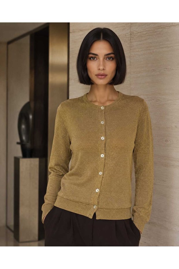 Women's Premium Touch, Radiant Elegance: 100% Viscose Glittery Crew Neck Knitwear Jacket