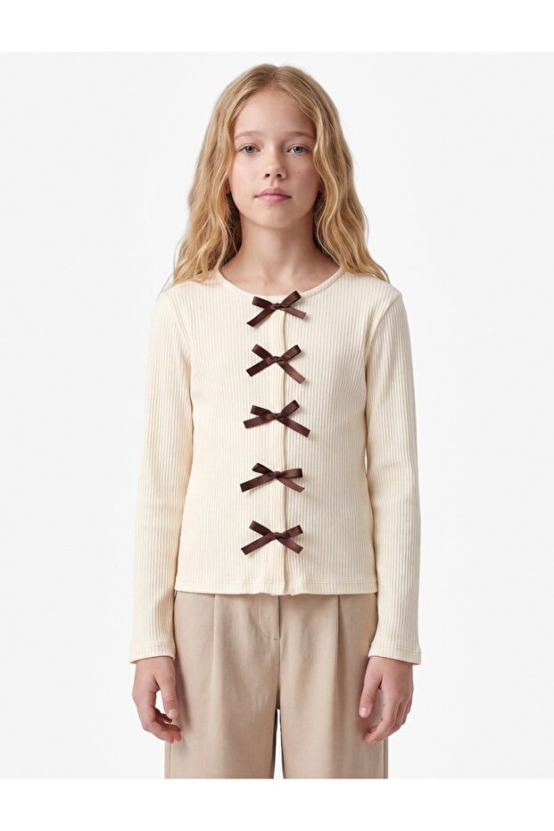 Cotton Long Sleeve Crew Neck Bow T-Shirt