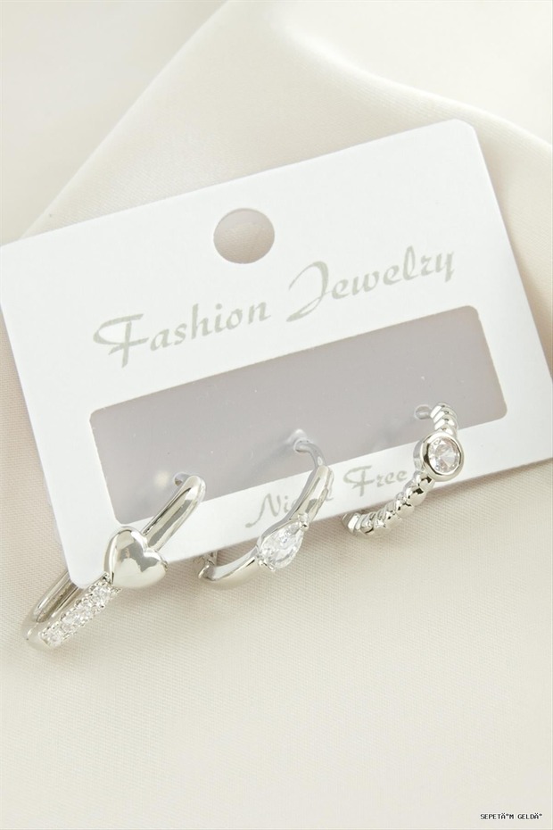 Spt-Gld 3 Pieces Heart Zircon Stone Earrings (235556) Silver Color