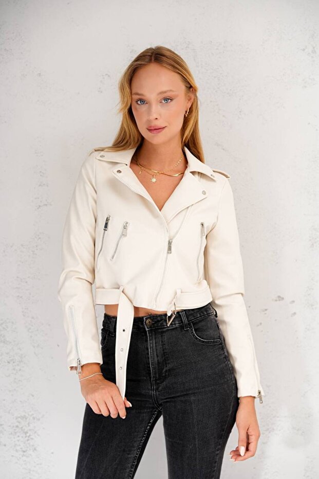 Women's Black Leather Jacket with Zipper Detail