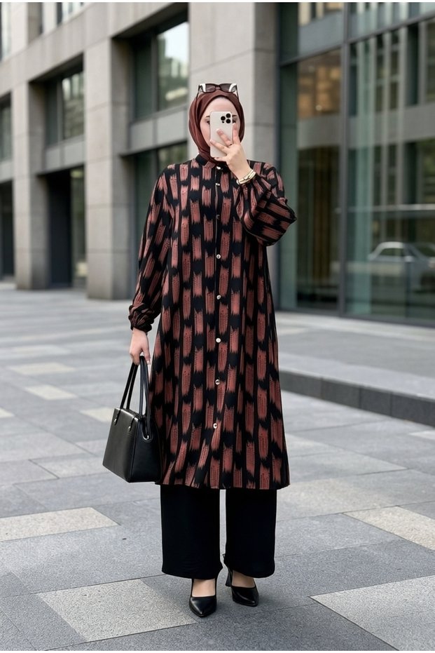 Hakim Lapel Collar Buttoned Slit Oversized Tunic and Pants Two-Piece Set