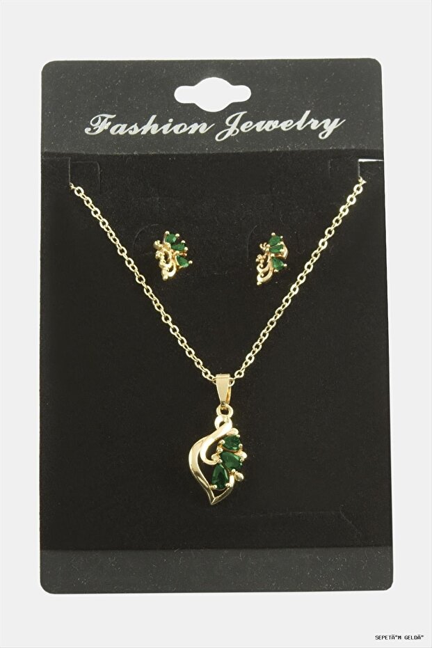 Spt-Gld Flower Zircon Stone Set (10140) Necklace Green
