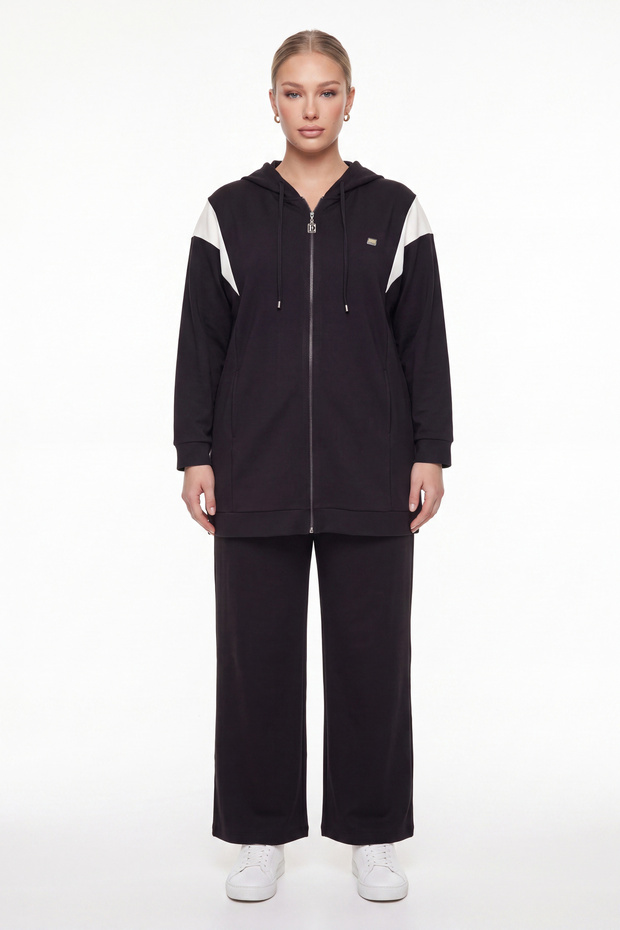 Women's Black Seasonal Hooded Tracksuit Set with Shoulder Detail and Accessories