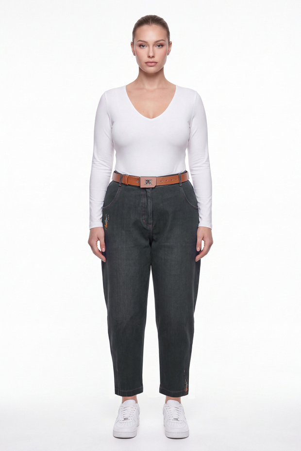 Women's Khaki Winter High-Waisted Trousers with Belted Legs and Pocket Detail