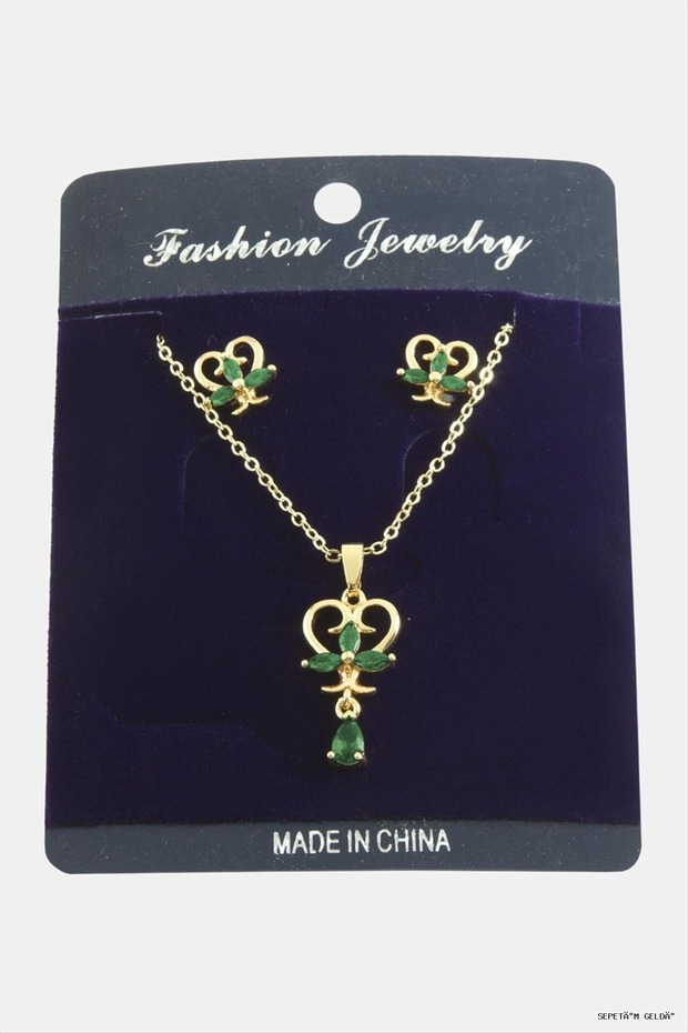 Spt-Gld Heart Zircon Stone Set (10135) Necklace Green