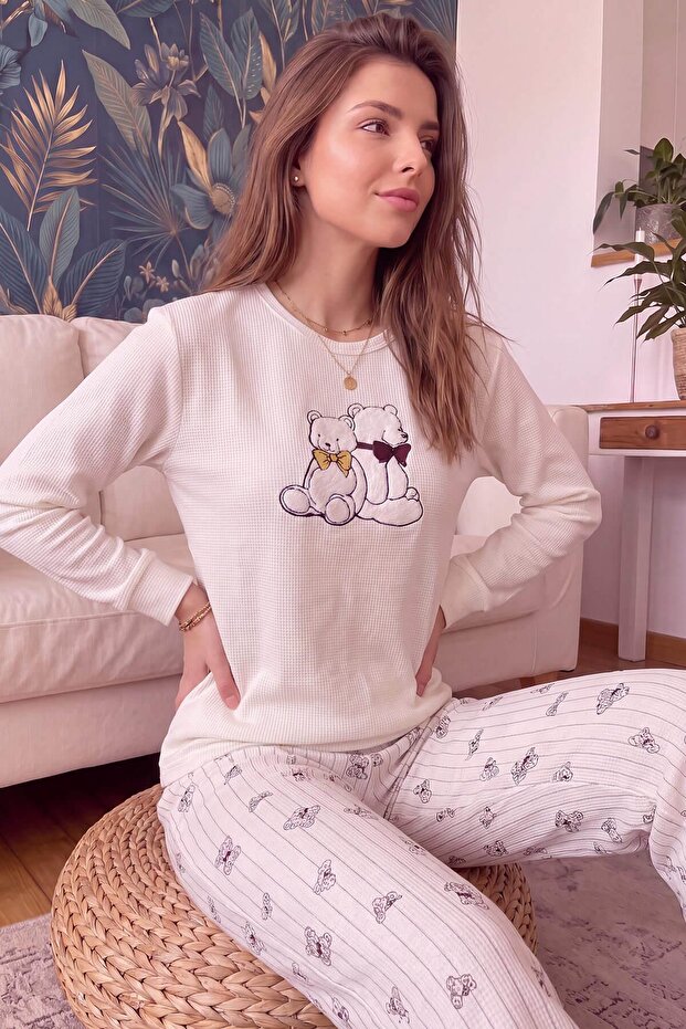 Ecru Magdala Patterned Waffle Soft Long Sleeve Women's Pajama Set