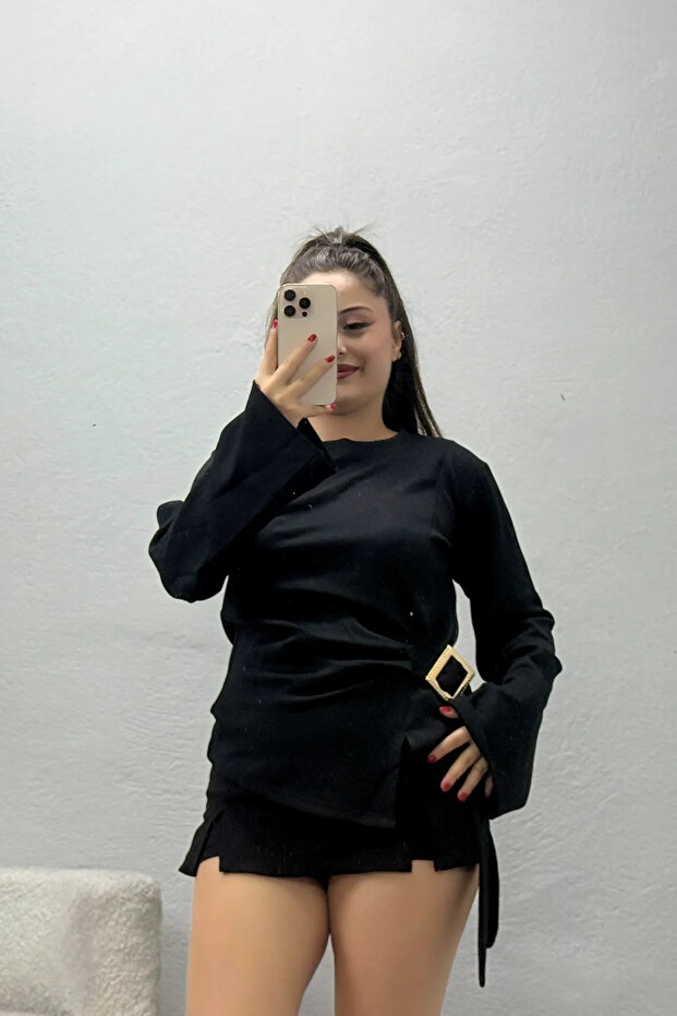 Women's Kimono Sleeve Modal Blouse with Buckle Detail Black
