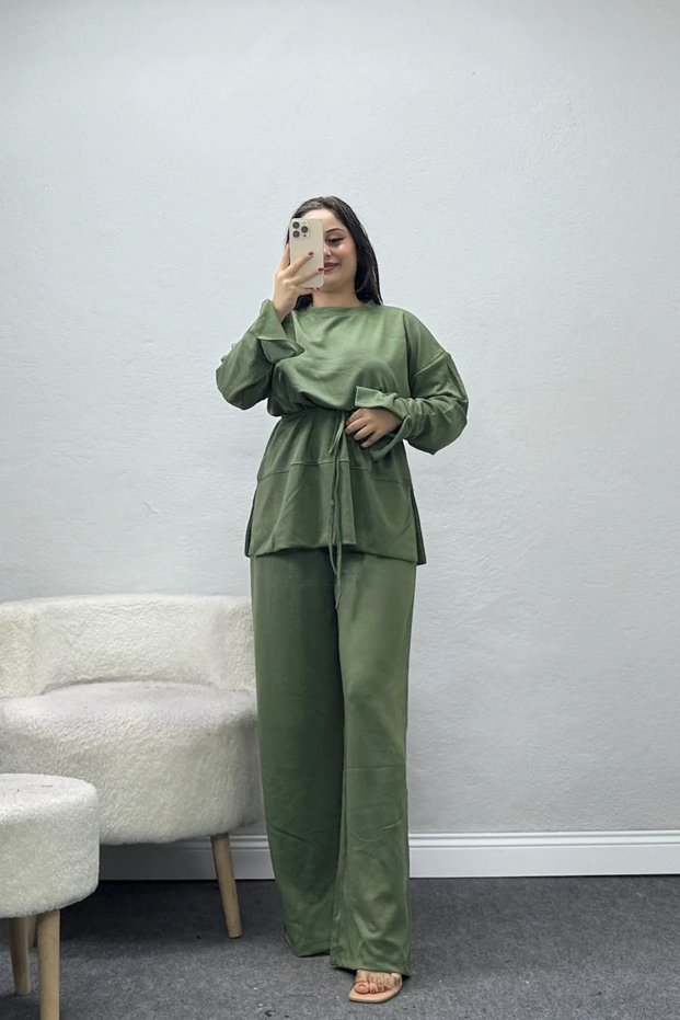 Women's Tie-Waist Modal Suit with Slit Sleeves, Khaki