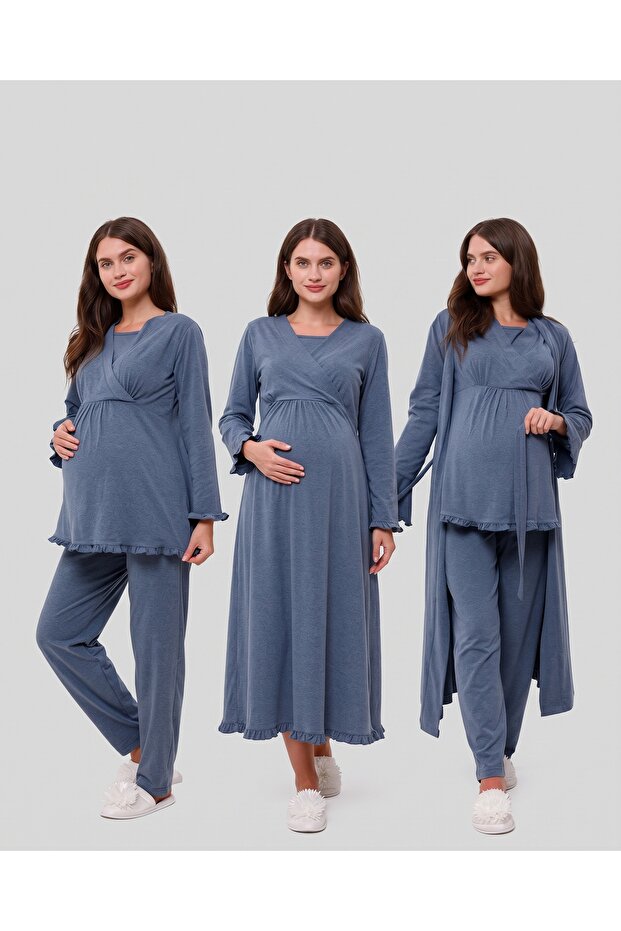 Indigo Ruffled Double-Breasted Cotton Long Sleeve Maternity Pajama Set and Nightgown 4-Piece Set