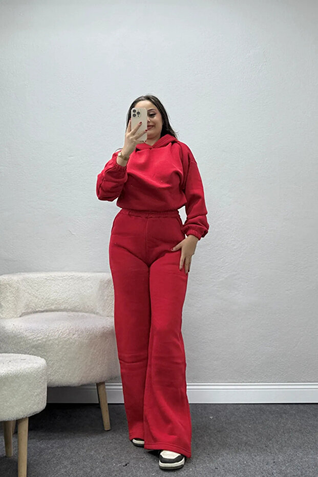 Women's 3 Threaded Threaded Sweatpants Set Red