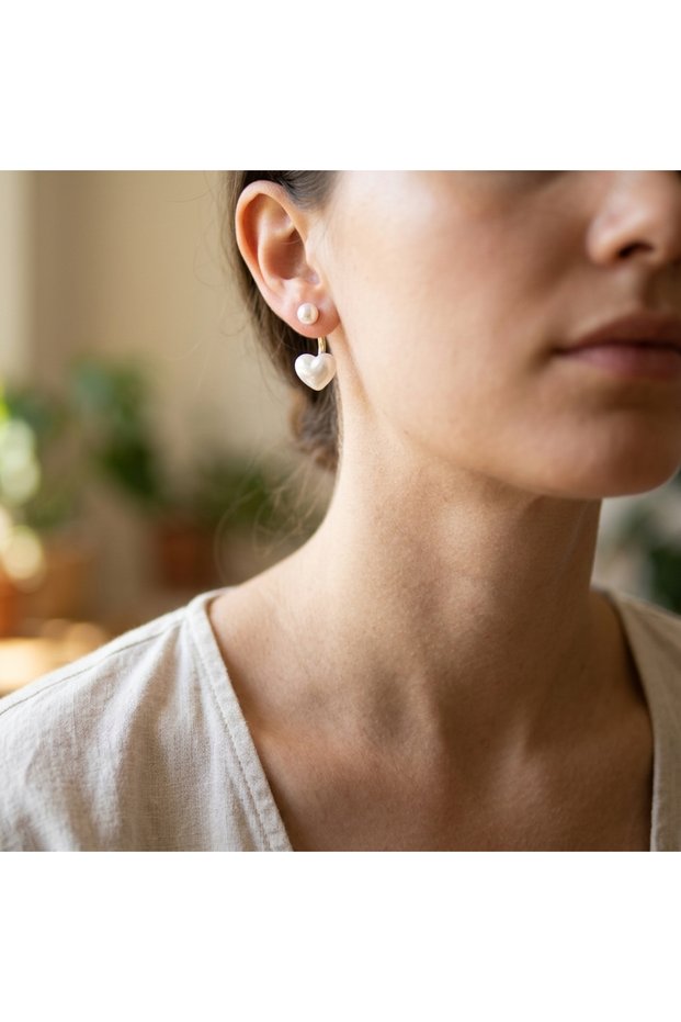 Women's Elegant Gold Color Detailed Double Sided Front and Back Loop White Heart Pearl Earrings - Minimalist Trend Bijouterie Jewelry