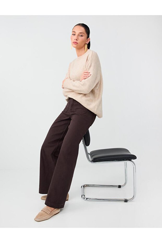 Bitter Brown Pocket Detailed Cotton Blend Denim Trousers