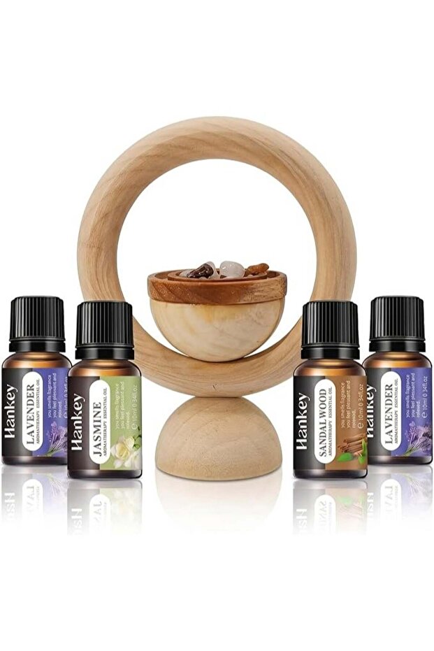 Natural Wood Essential Oil Diffuser with Healing Stones – Includes Free 10ml Essential Oil (Lavender, Jasmine, or Sandalwood) (Circle)