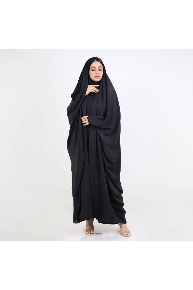 عباية راس سادة قماش حرير اسود النسيج - مقاس 165