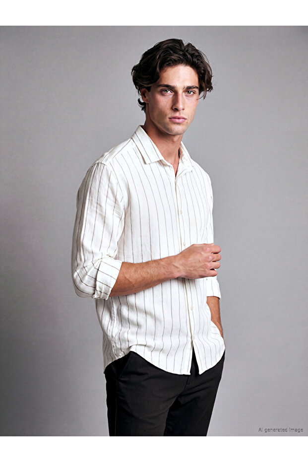 Ozmarka New Season Brown Regular Fit Striped Dobby Men's Shirt