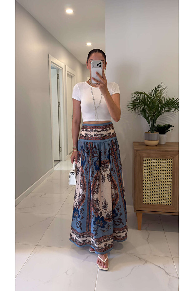 Mols Blue Brown Ethnic Patterned Skirt