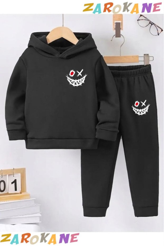 Red Eyes Sulite Printed Winter Children's Hooded Cotton Inside Track Suit (Bottom Track Pants with Pockets)