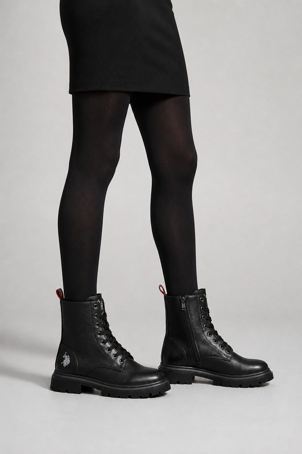 Hs-9603 Women's Black Lace-Up Fur Detailed Thick-Soled Winter Boots