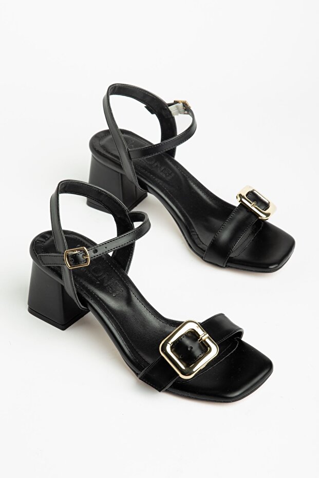 Zri̇n-481 Premium Black Ankle Strap Buckle Detailed Wide Heel Sandals 6 cm