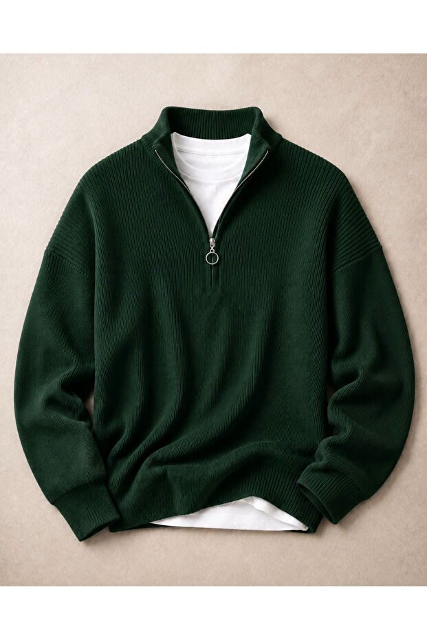 Unisex Ribbed Half-Zip Collar Detailed Knitwear