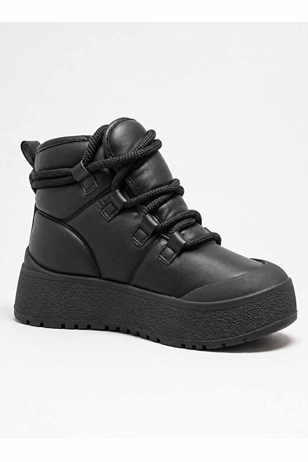 Women's Black Winter Boots with Fur Inside, Thick Platform Sole, Lace-Up Casual Boots