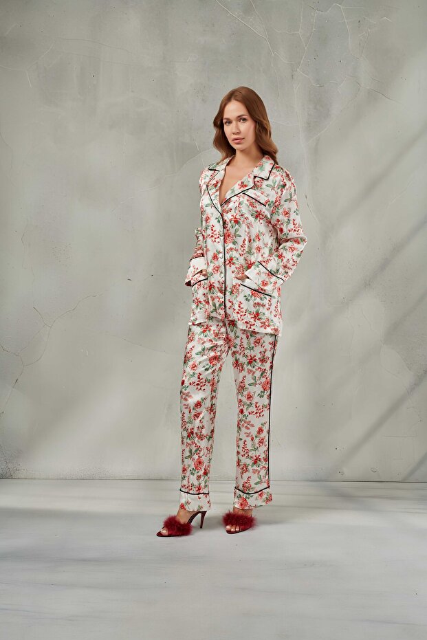 Women's Floral Patterned Dowry Satin Long Sleeve Pajama Set Bloom & Contrast Piping, Pocketed Bottom and Top Nightgown Set Maternity