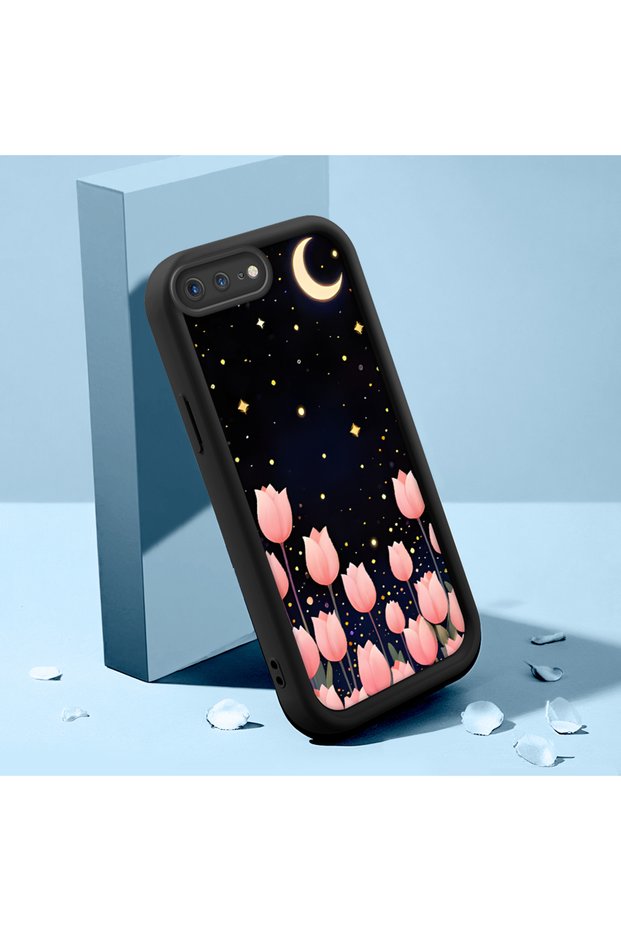 iPhone 7 Plus/8 Plus Compatible Romantic Night Sky Pink Tulip Full Printed Silicone Case, Flexible Impact Protection