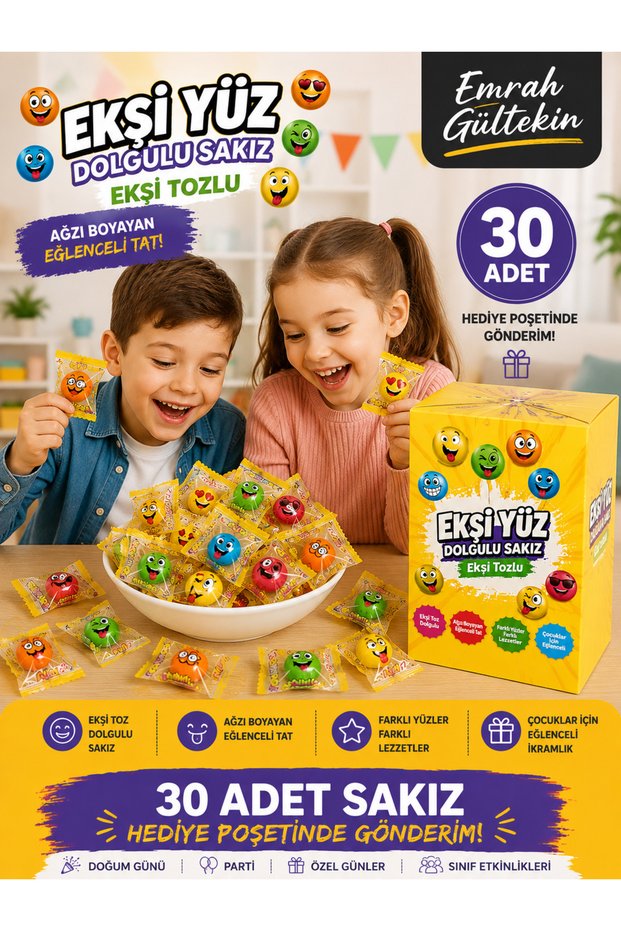 Sour Powder Filled Gum 30 Pieces Emoji Gum Assorted Flavors Fun Set with Gift Bag