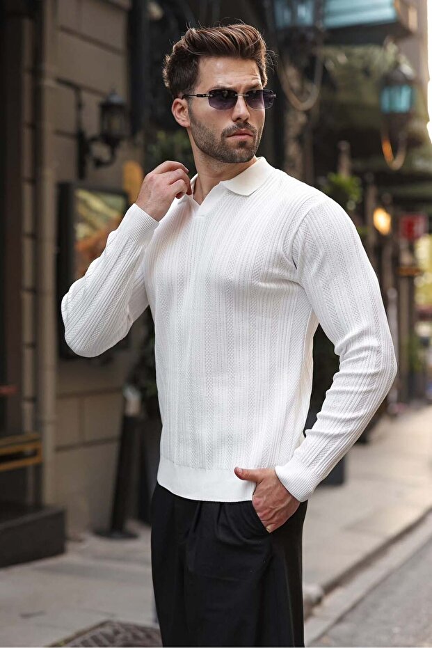 White Polo Collar Patterned over Fit Men's Knitwear Sweater E7517